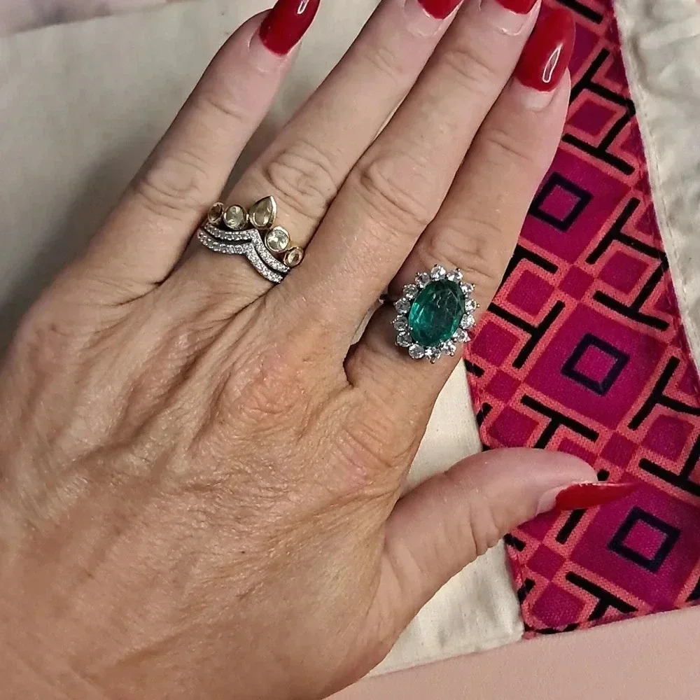 Emeraldine Quartz (Triplet) & Natural White Zircon Ring